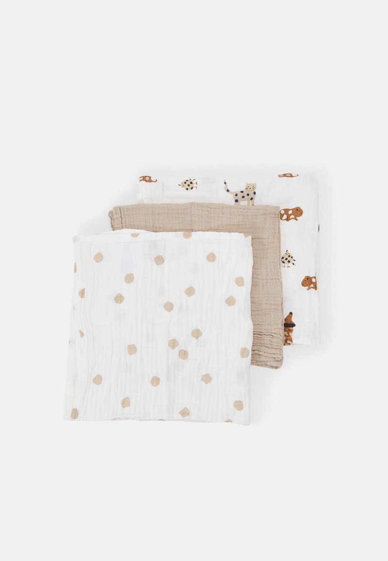 Drei Baumwoll-Musselinstoffwickel: einer weiß mit beigen Punkten, einer beige und einer weiß mit Tiermotiven in Farben wie Braun und Blau.