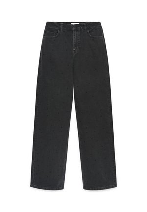 Jeans neri a gamba larga con piccolo motivo a pois, chiusura frontale con bottone e cerniera, e tasche frontali.