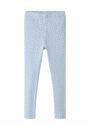 Light blue leggings with a ribbed texture, featuring a pattern of small, dark blue dots throughout, and a stretchy waistband.