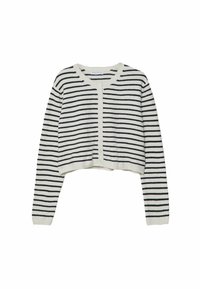 Cropped cardigan in cream and navy blue stripes. Features long sleeves, a round neckline, and a button front closure. Soft knit material.