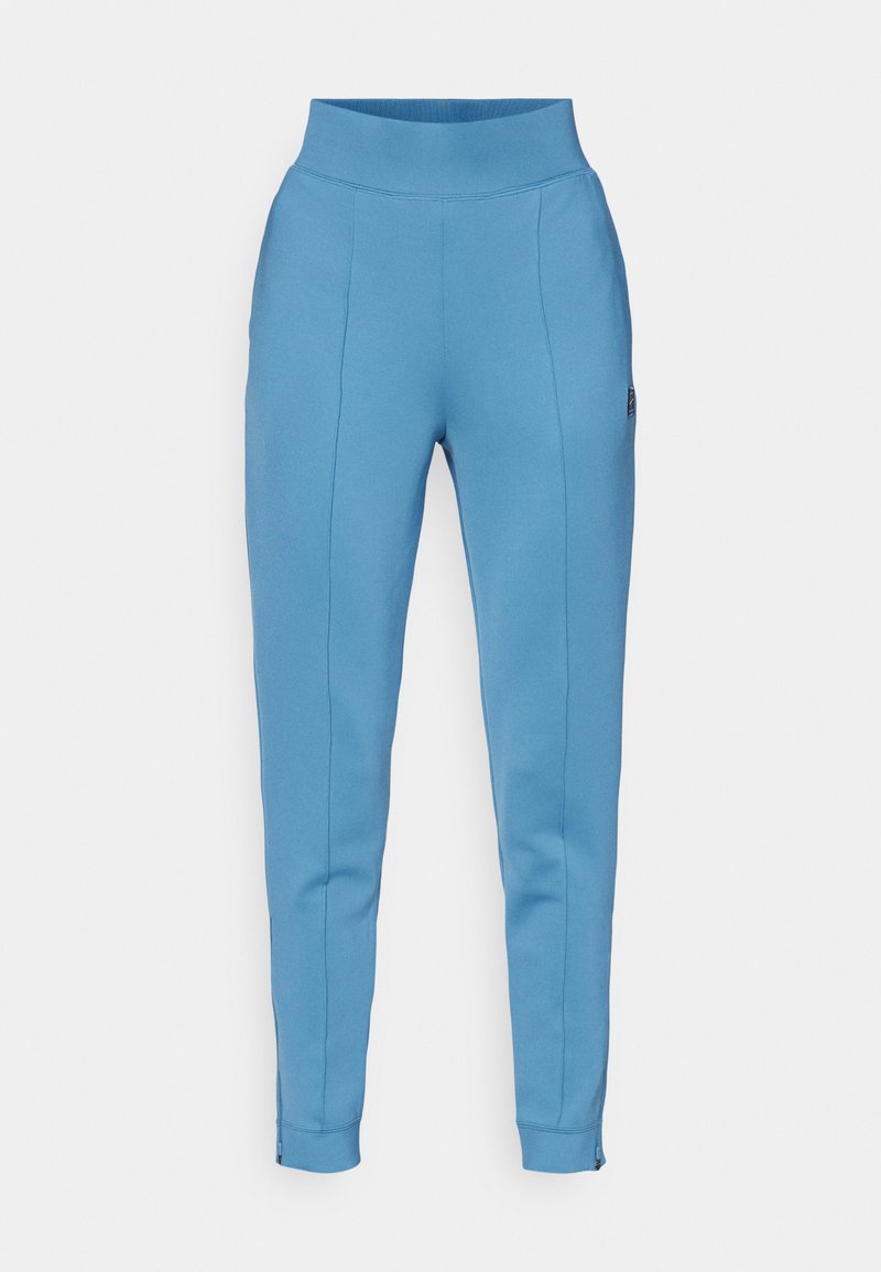 Pantaloni del jogging azzurri, aderenti, con una vita alta, cuciture frontali piatte e zip ai polsini delle caviglie per un fit regolabile.