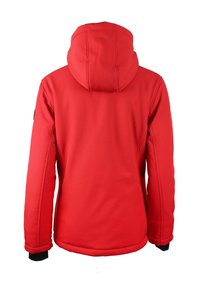 Veste à capuche rouge avec une texture lisse, présentant un design complet au dos et des accents noirs aux poignets. Pas de fermetures éclair ou de poches visibles.