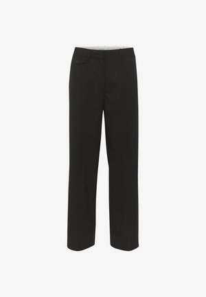Černé kalhoty rovného střihu vyrobené z hladkého materiálu s plochým předním dílem, postranními kapsami a knoflíkovým detailem v pase.