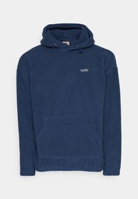 Felpa con cappuccio in pile blu navy con tasca frontale, cappuccio con coulisse e piccolo logo sul petto. Texture morbida e design a pullover.