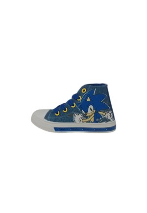Scarpa da ginnastica blu con tomaia alta, occhielli gialli, punta in gomma bianca e grafica di Sonic the Hedgehog sul lato.