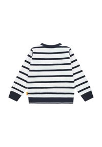 Gestreifter Pullover mit navyblauen und weißen horizontalen Streifen, Rundhalsausschnitt und langen Ärmeln. Gelbes Etikett auf der unteren linken Seite. Weicher Stoff.
