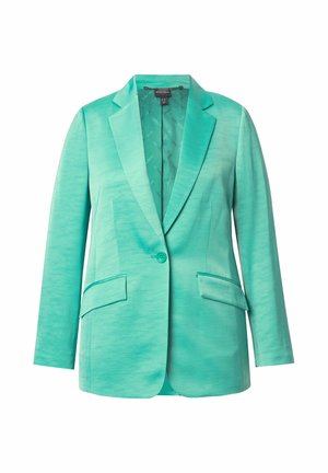 Teal bleiser, joka on valmistettu sileästä kankaasta, ominaisuuksina yksittäinen napitus, lovetut kaulukset ja kaksi etutaskua. Vuorattu sisus, jossa on hienovarainen brändäys.