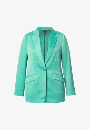 Teal blazer van gladde stof, met een enkele knoopsluiting, geknipte revers en twee voorzakken. Gevoerde binnenkant met subtiele branding.