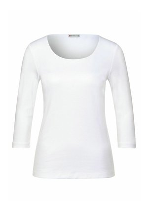 Valkoinen pitkähihaisen T-paita, jossa on pyöreä kaula-aukko. Valmistettu sileästä kankaasta, ja siinä on istuva siluetti ilman näkyviä kuvioita tai varusteita.