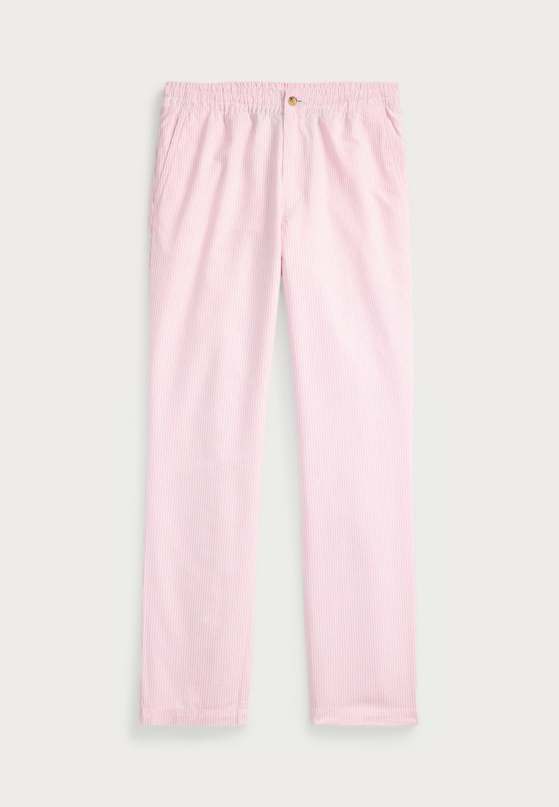 Világos rózsaszín csíkozott nadrág, elasztikus derékkal és elülső gombos részlettel, sima anyagból készült, kényelmes fazonnal.