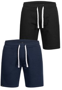 Schwarze und marineblaue Baumwollshorts mit weißen Kordeln, die einen entspannten Schnitt und einen elastischen Bund aufweisen. Enthält zwei Paare, die zusammen angezeigt werden.