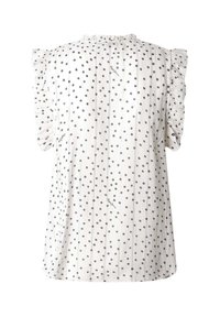 Blusa bianca a maniche corte con piccoli pois neri, bordi delle maniche arricciati e sottili righe verticali.