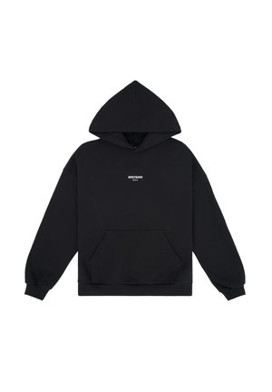 Zwarte hoodie gemaakt van katoenen stofmix. Bevat een voorzak en kleine witte logotekst op de borst. Eenvoudig ontwerp.