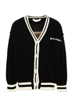 Cárdigan de punto negro con bordes con rayas blancas, cuatro botones blancos en la parte delantera y texto "Palm Angels" en el pecho izquierdo.
