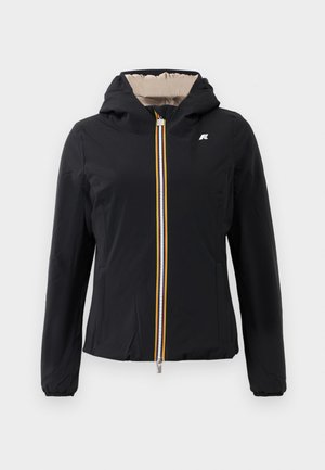 Black lightweight jacket with a hood, featuring a contrasting colored zipper and elastic cuffs. Smooth material, minimal design, and two side pockets.