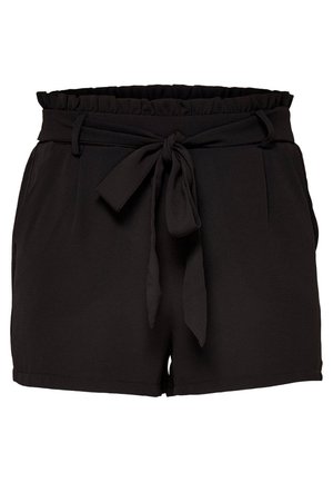 Zwarte shorts met hoge taille, een geplooide elastische tailleband en een stoffen riem die vooraan in een strik is gebonden, met zijzakken.