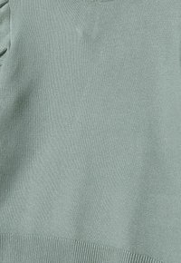Maglione a maglia verde chiaro con polsini e orlo a costine. Texture liscia con un design semplice e classico. Nessun motivo o accento visibile.