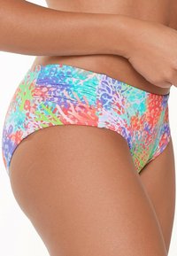 Parte inferiore di bikini colorata con un motivo a barriera corallina in tonalità di rosa, blu, verde e arancione; vita media con cintura elasticizzata testurizzata.