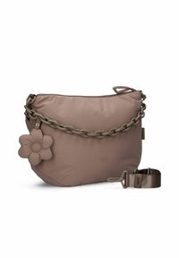 Sac en nylon rose à finition texturée, doté d'une bandoulière chaîne épaisse et d'un accent de fleur amovible. Comprend une bandoulière réglable.