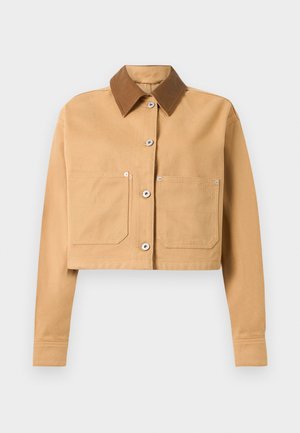 Veste beige raccourcie avec des manches longues, deux poches avant, boutons argentés et un col pointu marron foncé sur fond blanc.