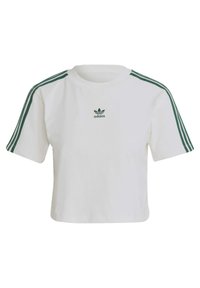 Vit bomull T-shirt med korta ärmar, med gröna tre-randiga detaljer på axlarna och en liten grön Adidas-logotyp på bröstet.