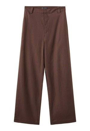 Pantalon marron à jambes larges avec passants pour ceinture et fermeture éclair frontale dissimulée, en tissu lisse.