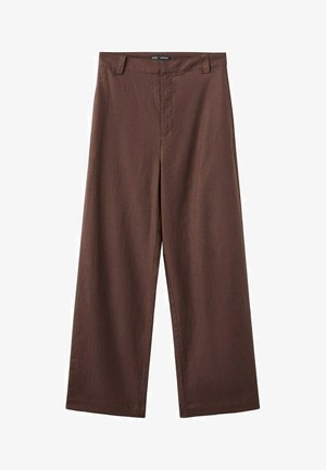 Brown wide-leg trousers with belt loops and a concealed front zipper, made of smooth fabric.
