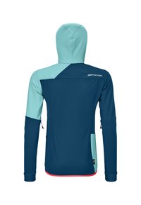 Hooded jacket in navy and light blue, featuring a sleek design, textured fabric, and accent details in bright red at the hem and pockets.