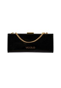 Clutch nera in pelle laccata con una tracolla dorata e un logo dorato che recita "VICOLI". Il design è rettangolare con una texture lucida.
