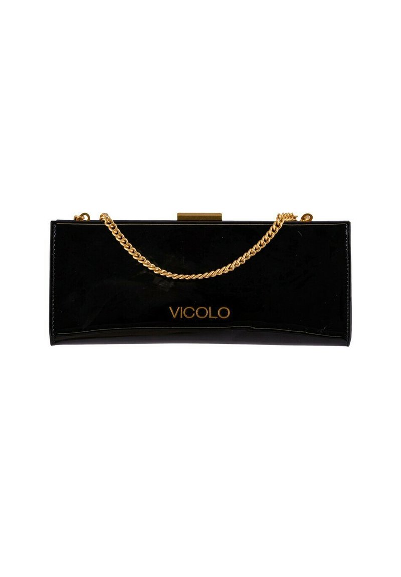 Clutch nera in pelle laccata con una tracolla dorata e un logo dorato che recita "VICOLI". Il design è rettangolare con una texture lucida.