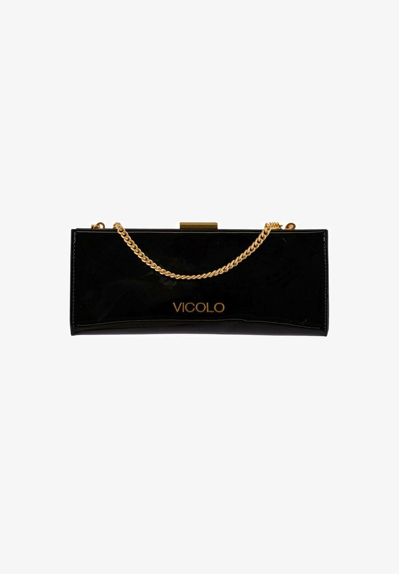 Clutch nera in pelle laccata con una tracolla dorata e un logo dorato che recita "VICOLI". Il design è rettangolare con una texture lucida.
