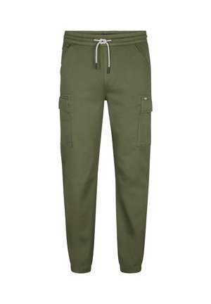 Olivgrüne Cargo-Joggerhose mit elastischem Bund, weißem Kordelzug, seitlichen Klapptaschen und elastischen Bündchen.