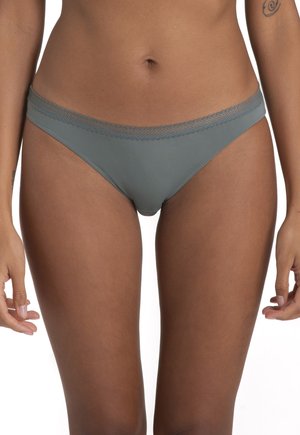 Light gray bikini bottom made of soft fabric, featuring a lace trim along the waistband and a simple design with minimal coverage.