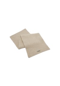 Scarf a coste beige realizzato in tessuto morbido, con una leggera trama e un piccolo etichetta del marchio cucita su un lato.