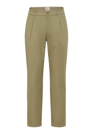 Beige Herrenhose mit geradem Bein, Gürtelschlaufen, Vorderfalten, Seitentaschen und Knopfverschluss.