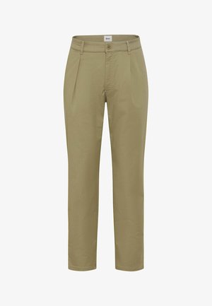Beige Herrenhose mit geradem Bein, Gürtelschlaufen, Vorderfalten, Seitentaschen und Knopfverschluss.