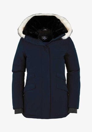 Parka d'hiver bleu marine avec capuche bordée de fourrure, fermeture éclair à l'avant, deux poches à rabat et poignets intérieurs côtelés.