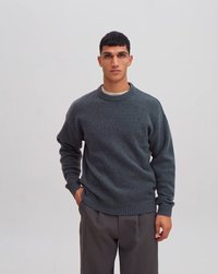 Grijze gebreide trui met een ronde halslijn, geribbelde manchetten en onderrand, gedragen over een wit shirt, gecombineerd met donkergrijze broek. Eenvoudige achtergrond.