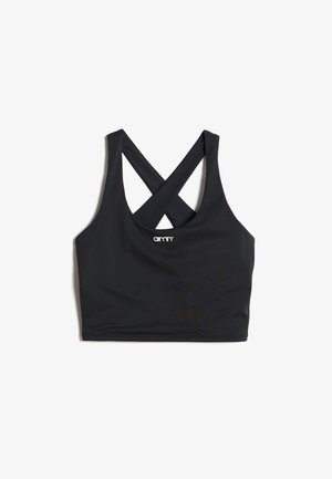 Reggiseno sportivo nero realizzato in tessuto elastico, con scollo a cuore, spalline incrociate sul retro e un piccolo logo sulla parte anteriore.