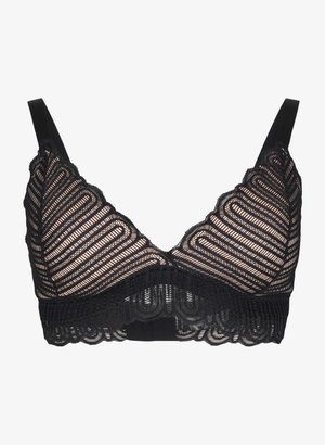 Bralette de encaje negro con forma triangular suave, intrincado patrón de rayas, bordes festoneados y tirantes ajustables para un ajuste personalizado.
