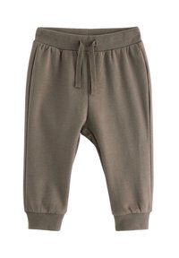 Grå bomuldsjoggingbukser med ribbet talje og ankelflæng. Har snøre lukning og sidelommer, glat tekstur.