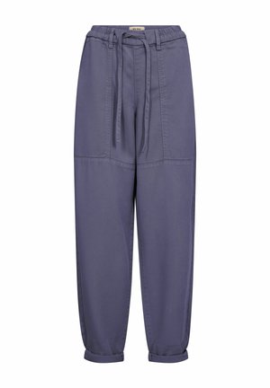 Purple casual pants with an elastic waistband, drawstring tie, patch pockets, stitched panels, and rolled cuffs.