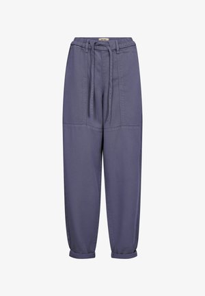 Purple casual pants with an elastic waistband, drawstring tie, patch pockets, stitched panels, and rolled cuffs.