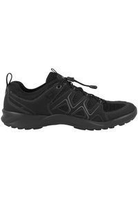 Black athletic shoes with mesh and synthetic material, featuring a lightweight design, rubber sole, and elastic lace for adjustment.