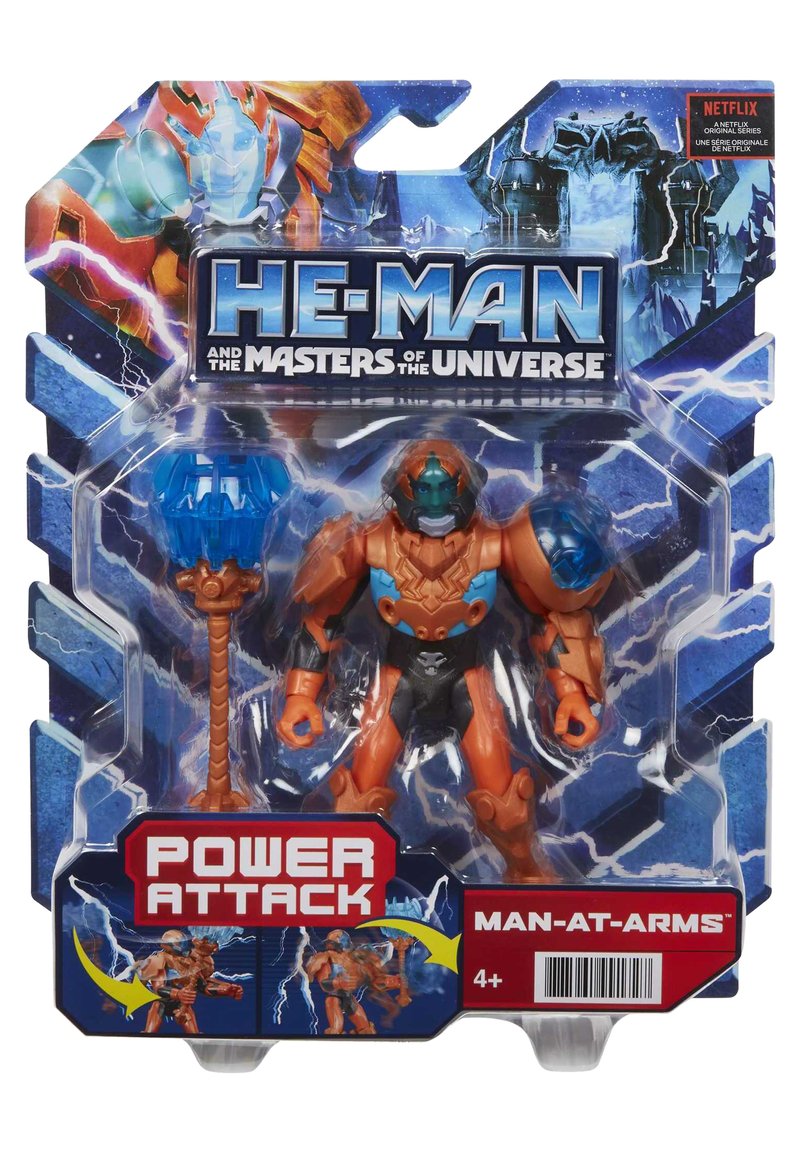 Action figure of Man-at-Arms from He-Man, featuring orange and blue armor, black pants, and a blue staff, displayed in a colorful blister pack.