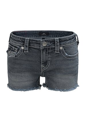 Shorts en jean gris foncé taille basse avec bords effilochés, bouton frontal, fermeture éclair et cinq poches, étiquetés "Joey".