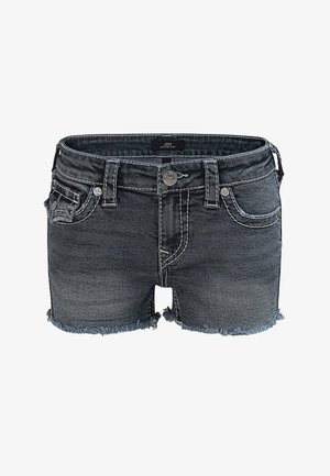 Shorts en jean gris foncé taille basse avec bords effilochés, bouton frontal, fermeture éclair et cinq poches, étiquetés "Joey".