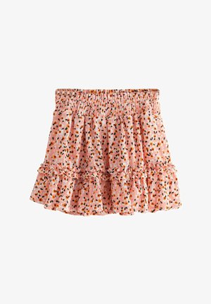 Maiustelprintidega seelik helesinises roosas, smockitud vöökoht ja kihiline volangikujundus. Kaunistatud väikeste oranžide ja roheliste lilledega.