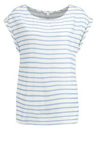 Blusa a maniche corte realizzata in tessuto morbido, caratterizzata da righe orizzontali blu e bianche, una vestibilità comoda e un collo rotondo.