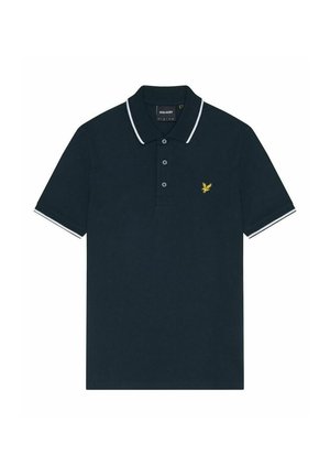 Donkerblauw polohemd met korte mouwen, witte biezen aan kraag en mouwen, drie knopen en een klein geel vogel-logo op de borst.